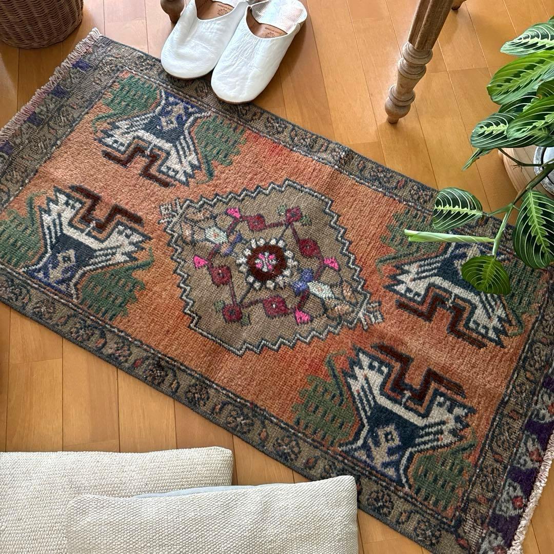 49.5×98 オレンジグラデーション　メダリオン　トルコヴィンテージラグ