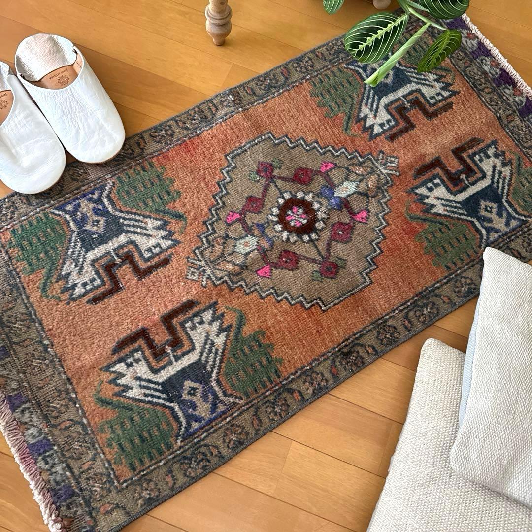 49.5×98 オレンジグラデーション　メダリオン　トルコヴィンテージラグ