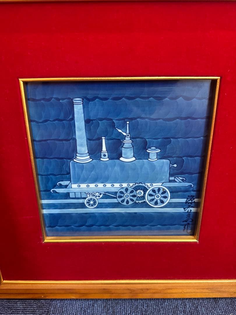 1914 源右衛門 染付 陶板画 額装 蒸気機関車図　額縁  置物　工芸品
