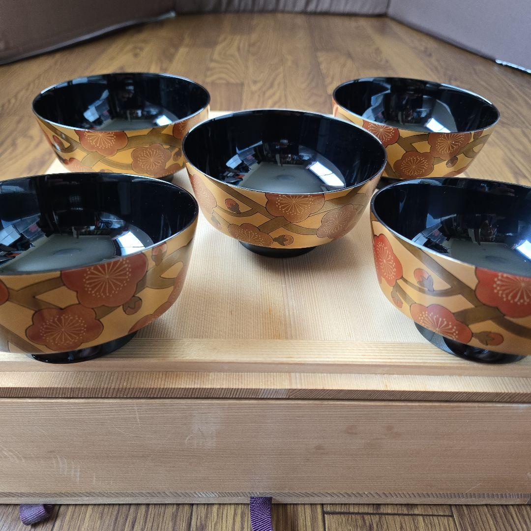 伝統工芸 輪島塗漆器 豪華梅柄蒔絵 吸い物椀 5客セット