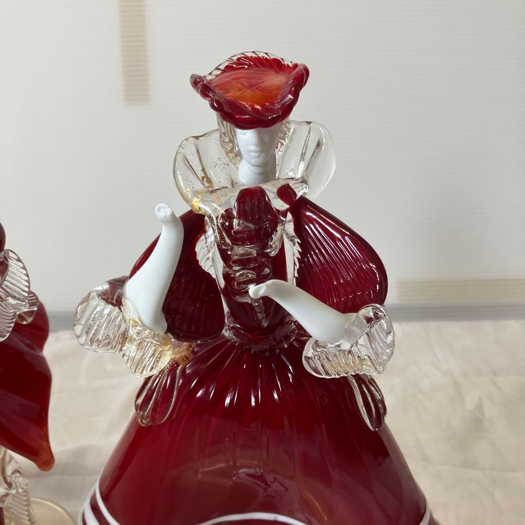 ベネチアンガラス美術品工芸品ムラーノガラスペア人形赤金彩