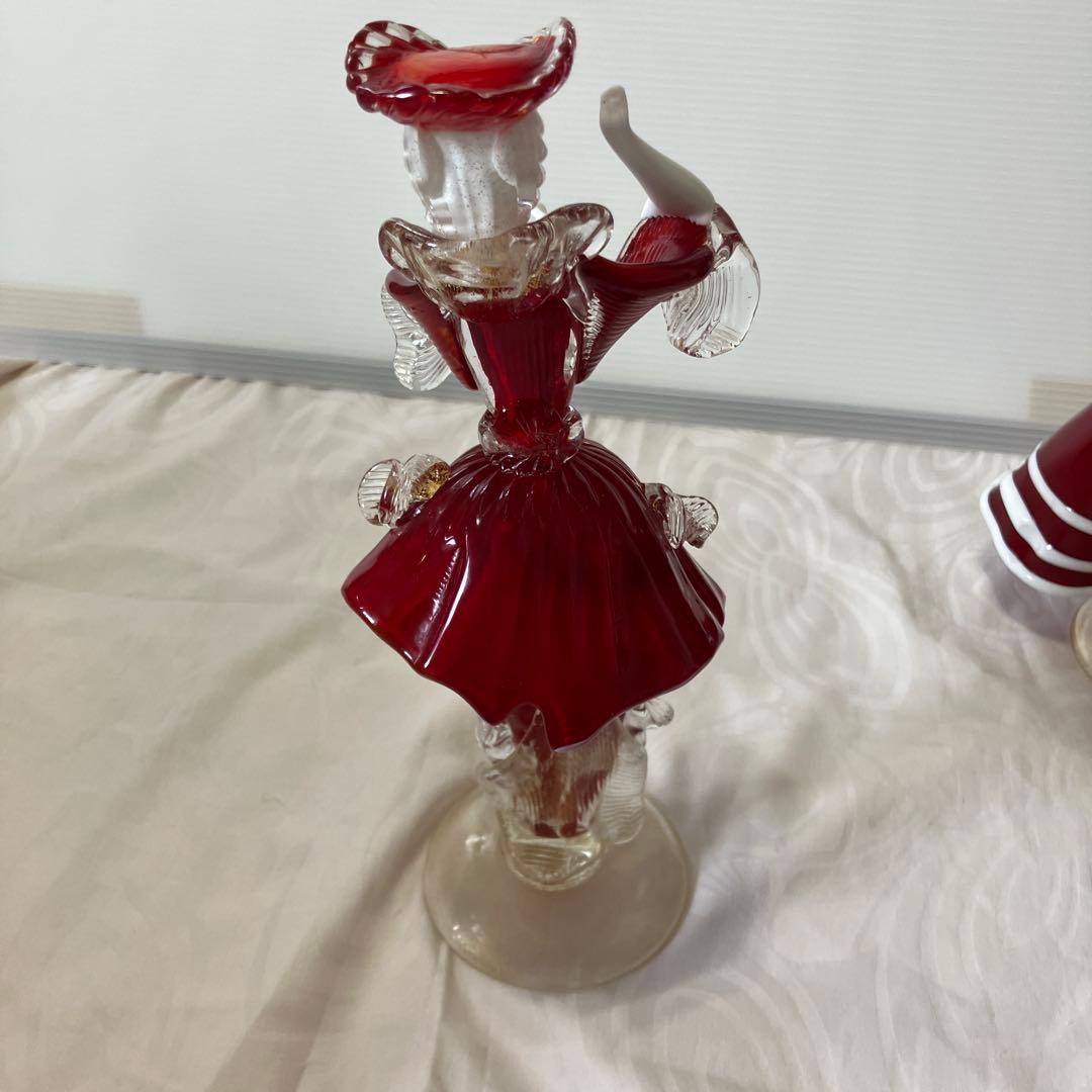 ベネチアンガラス美術品工芸品ムラーノガラスペア人形赤金彩