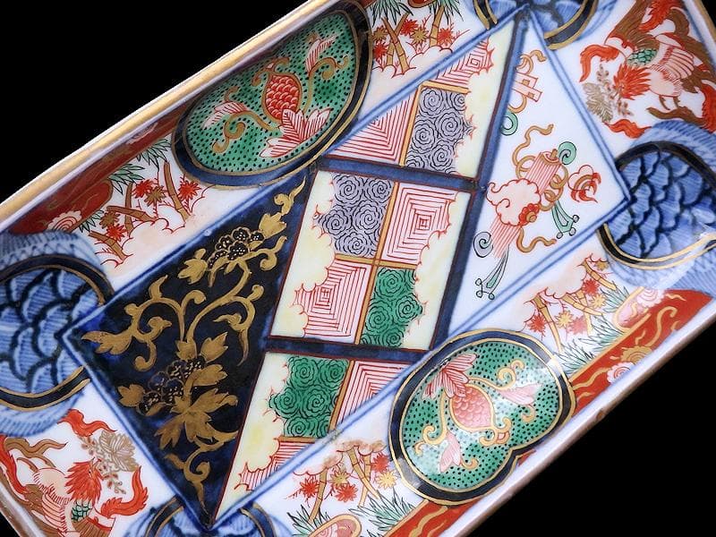 大聖寺伊万里　金襴手　宝尽くしに鳳凰　石畳紋の図　長皿　1296AS-DCn