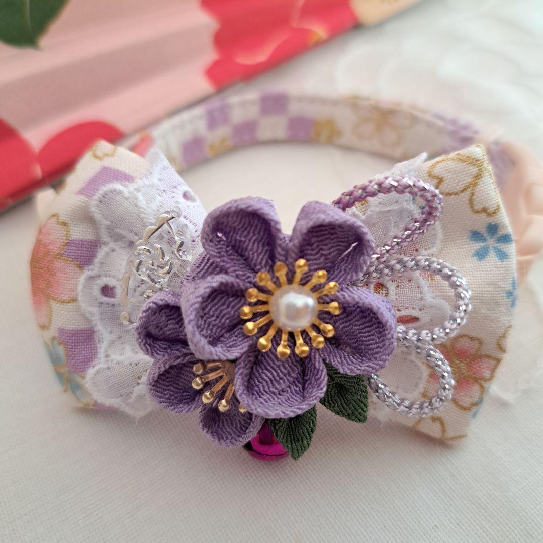 お正月、つまみ細工シングルリボン(紫③)わんちゃん猫ちゃん用首輪