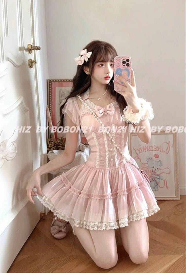 スクエア襟マーメイドワンピース ピンク