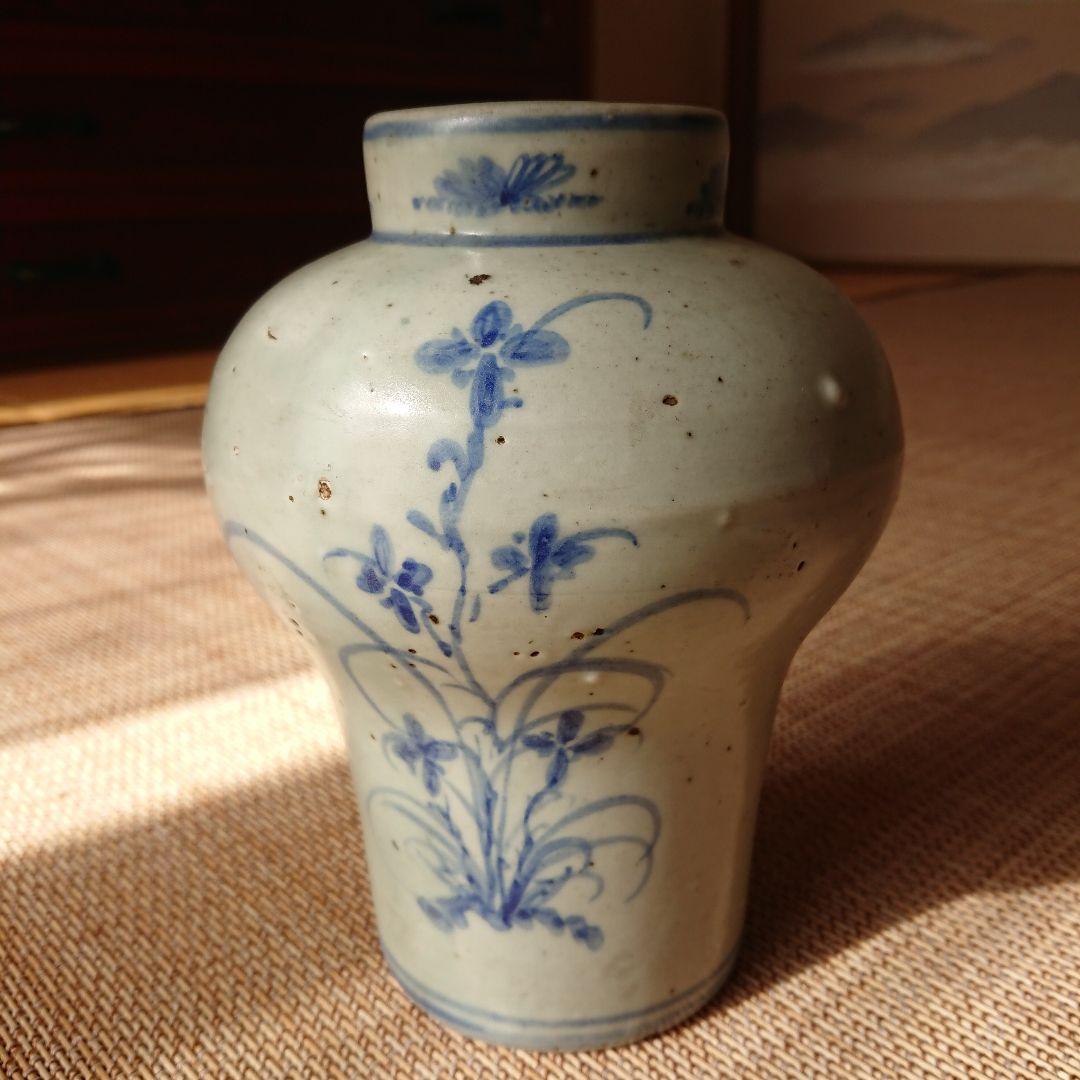 李朝 青花草花文壺 骨董品
