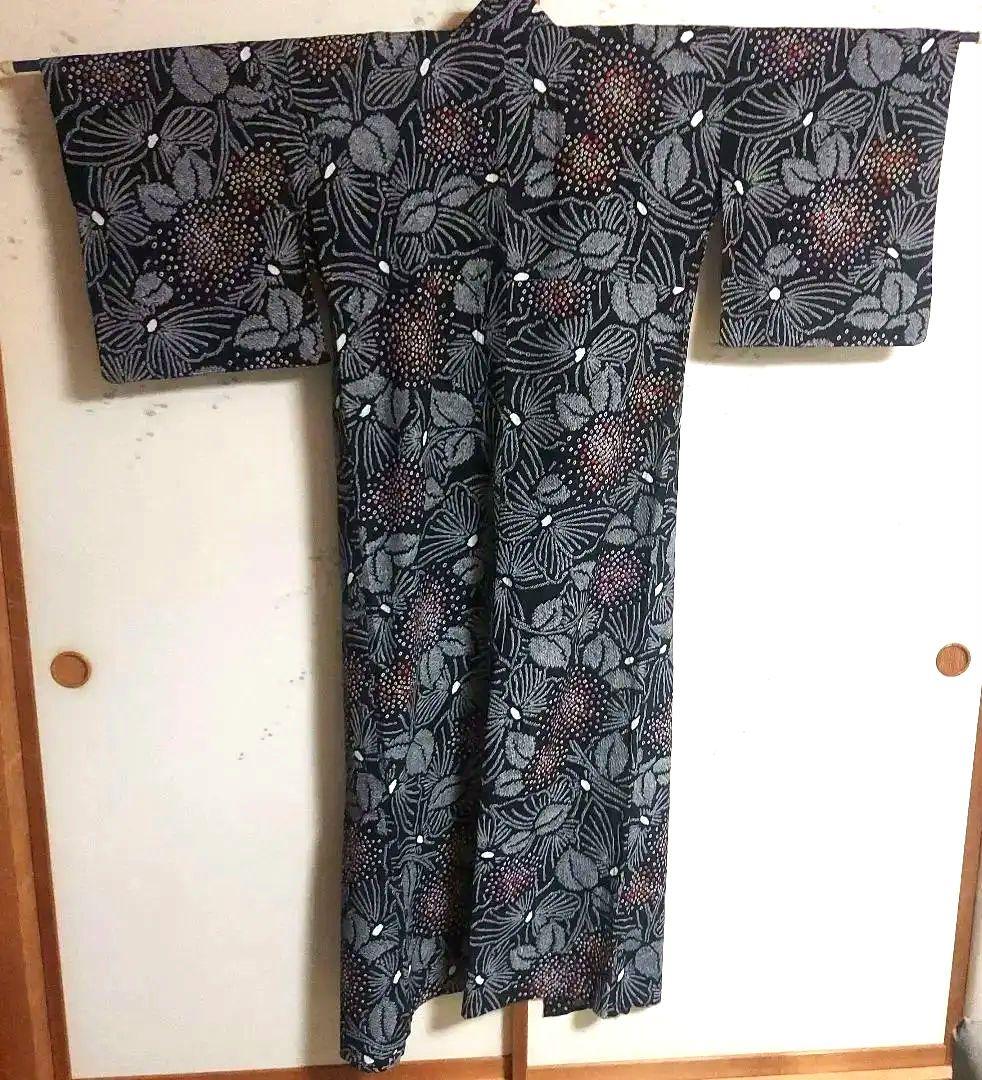 最終価格!!有松絞り浴衣　花火　紫陽花　蝶々　黒地　トールサイズ