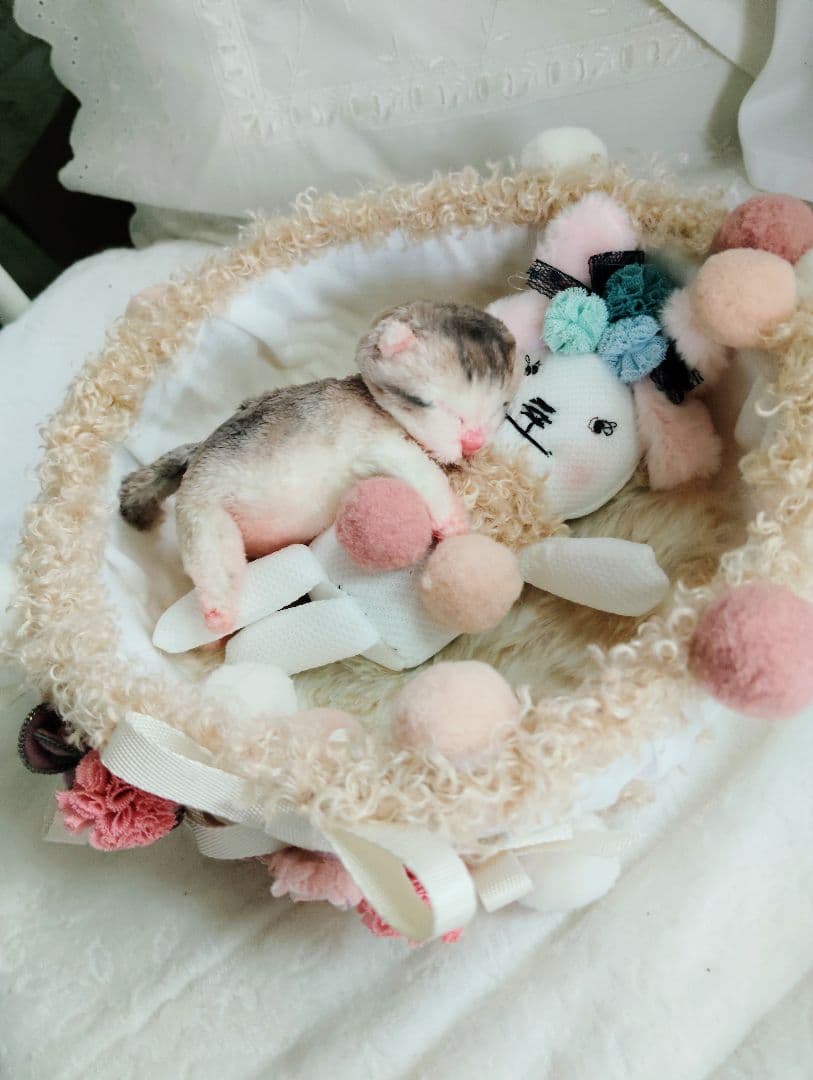 お世話してね❤生後１日子猫ちゃん♡バスケットとクマたん♡アートドール♡ぬいぐるみ