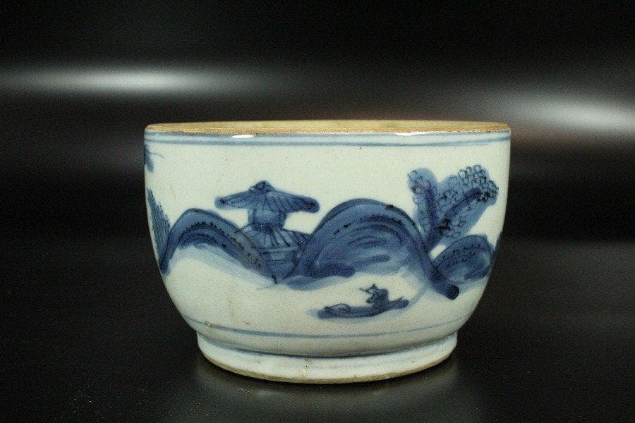 中国美術 古染付 山水舟紋 香炉 碗 明 旧家蔵出