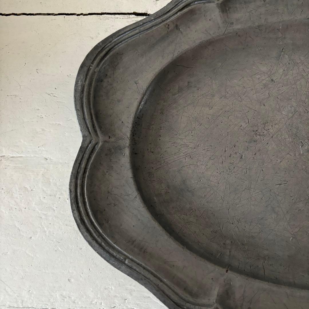 アンティーク ピューターオーバルプレート フランス 花リム