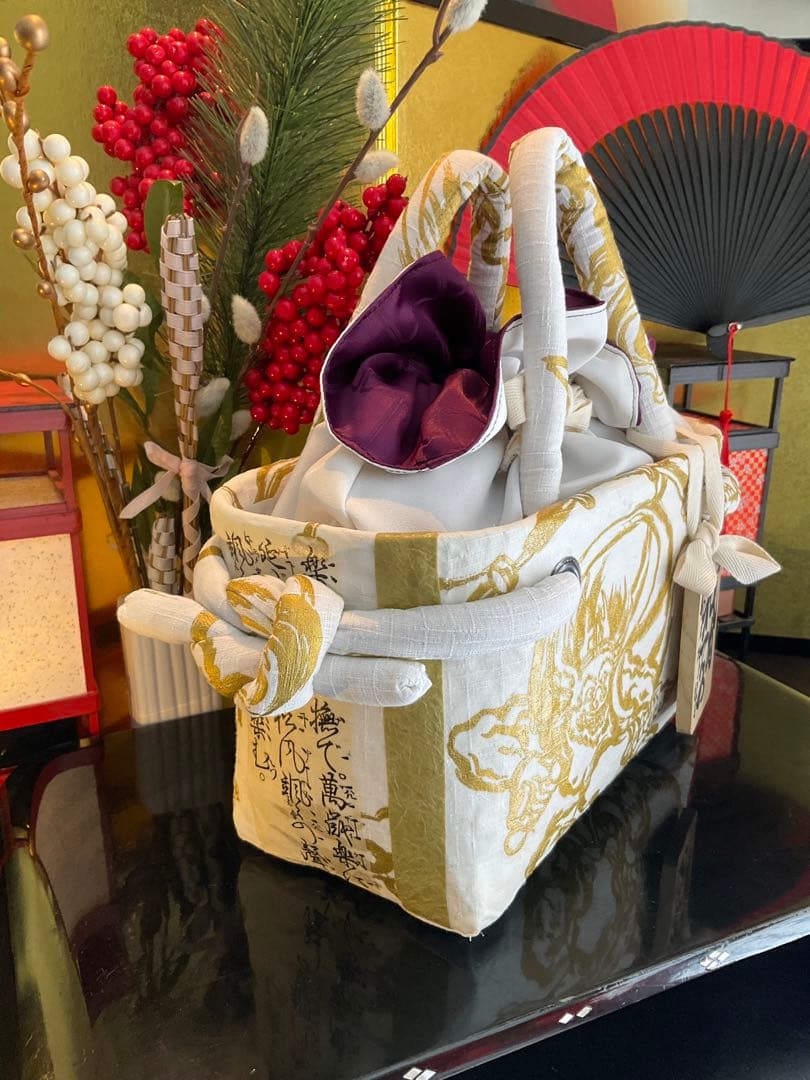 一閑張り　一閑張りバッグ　風神雷神　古文書　和紙　竹籠　籠バッグ　着物　金銀　白