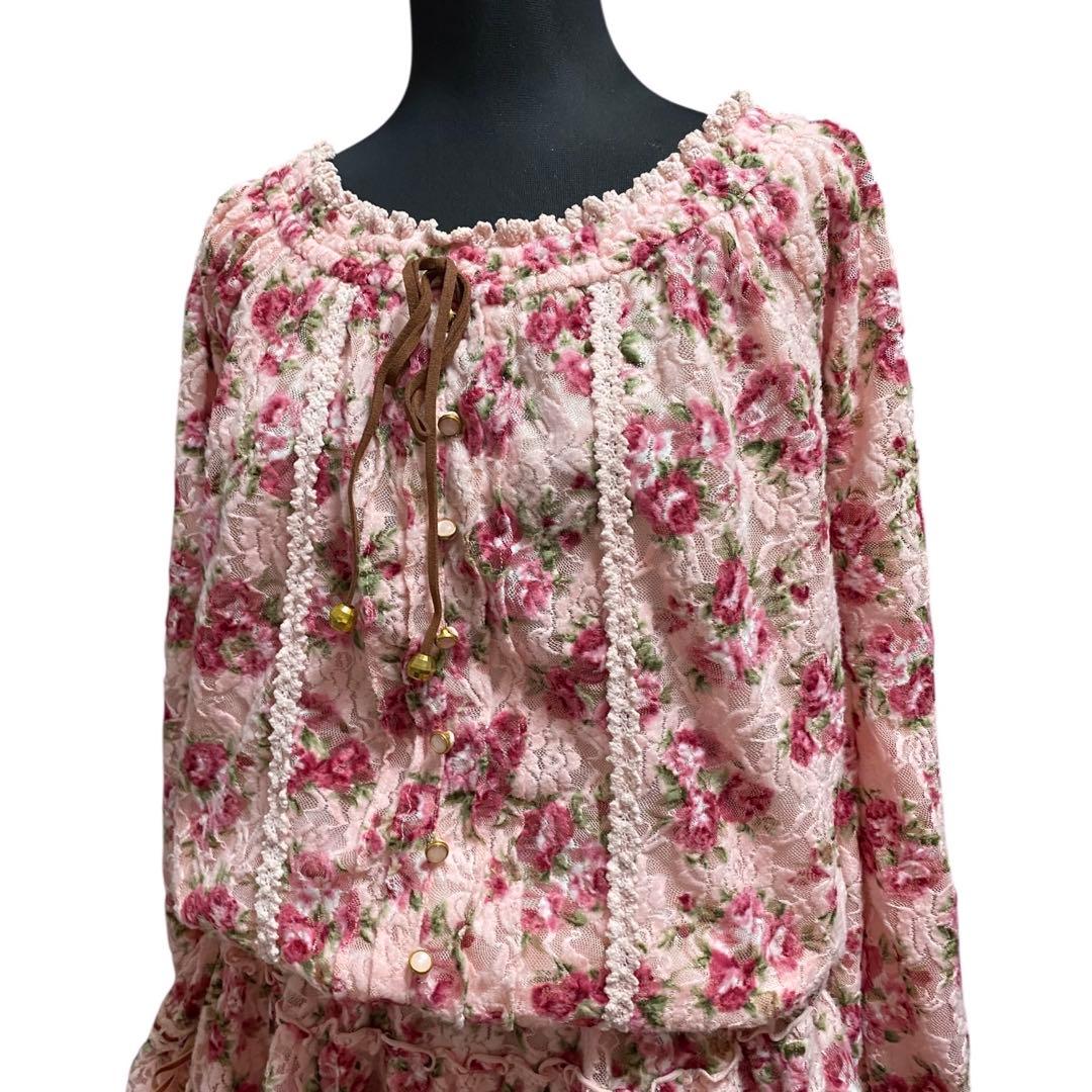 Y2K LIZLISA オフショル花柄レースワンピ リボン 姫ギャル 平成ギャル