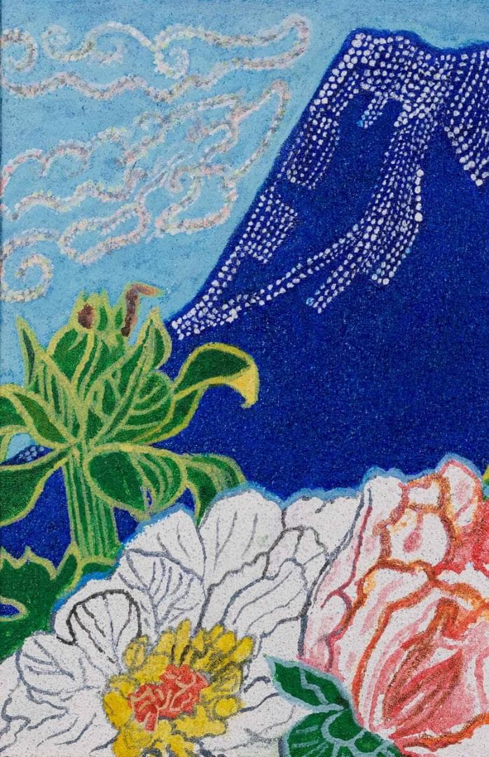 片岡球子　油彩＋岩粉　肉筆『牡丹と青富士』サイン　共シール　F6号　額　b746