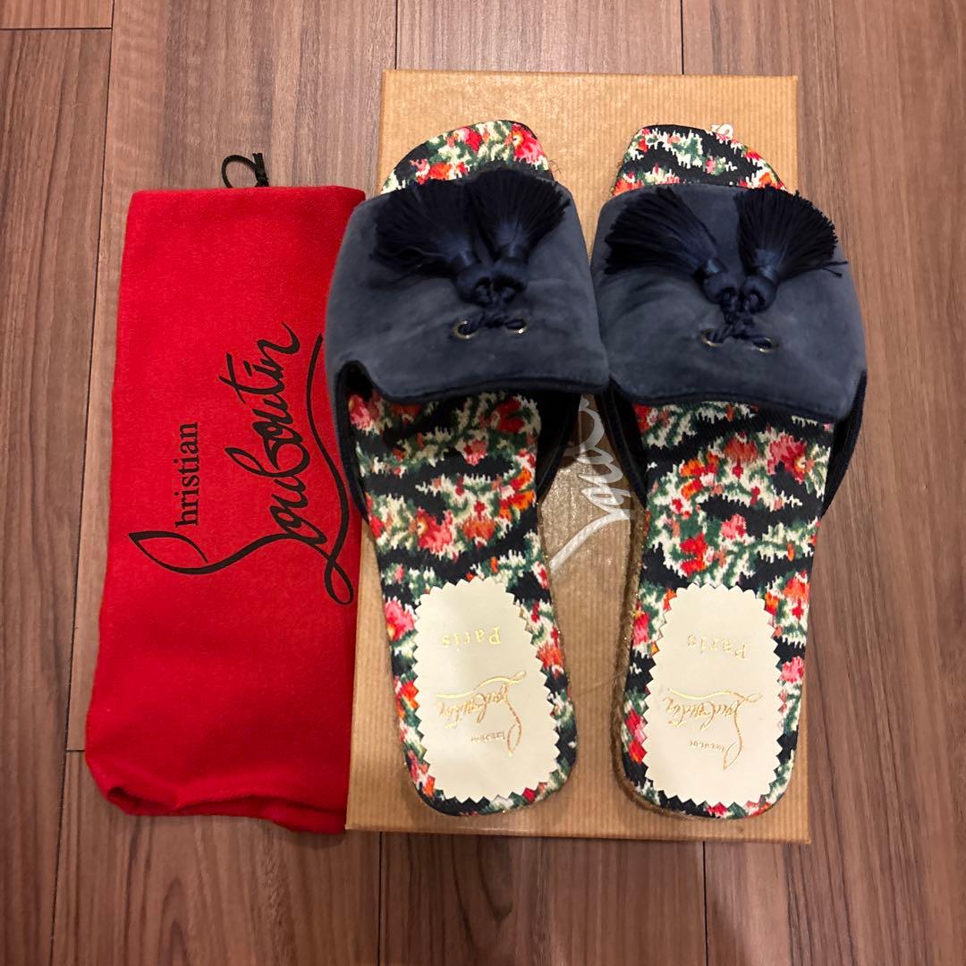 美品クリスチャンルブタン　エスパドリーユ　スライド　サンダル　タッセル　ベロア