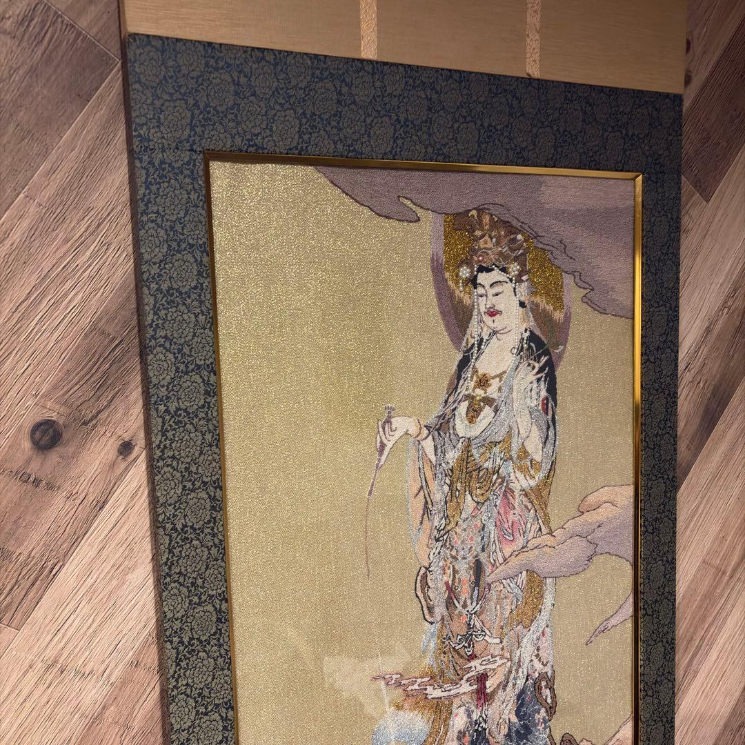 文化刺繍 慈母観音図 着色絹本 仏画 仏教美術 悲母観音 刺繍画 刺繍アート