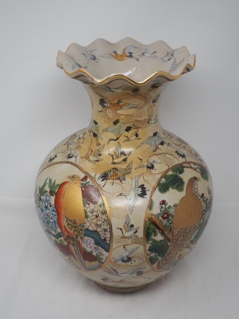 色絵金襴手花鳥群鶴文壺﻿　栄盛窯　瀧山作　ツル　花瓶　-SO