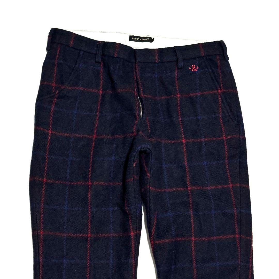 良好 ラフアンドスウェル ウールチェックパンツ ネイビー赤 防寒高級感漂う大人気