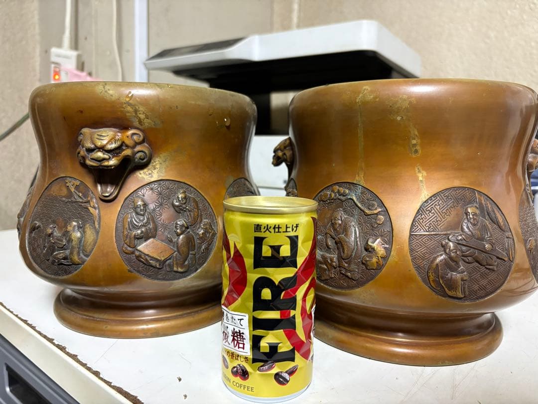 銅製 昌龍 獅子耳 火鉢一対
