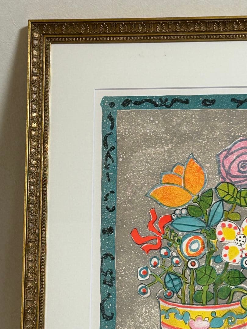 ポール アイズピリ　グレーの背景のピンクのバラ　リトグラフ