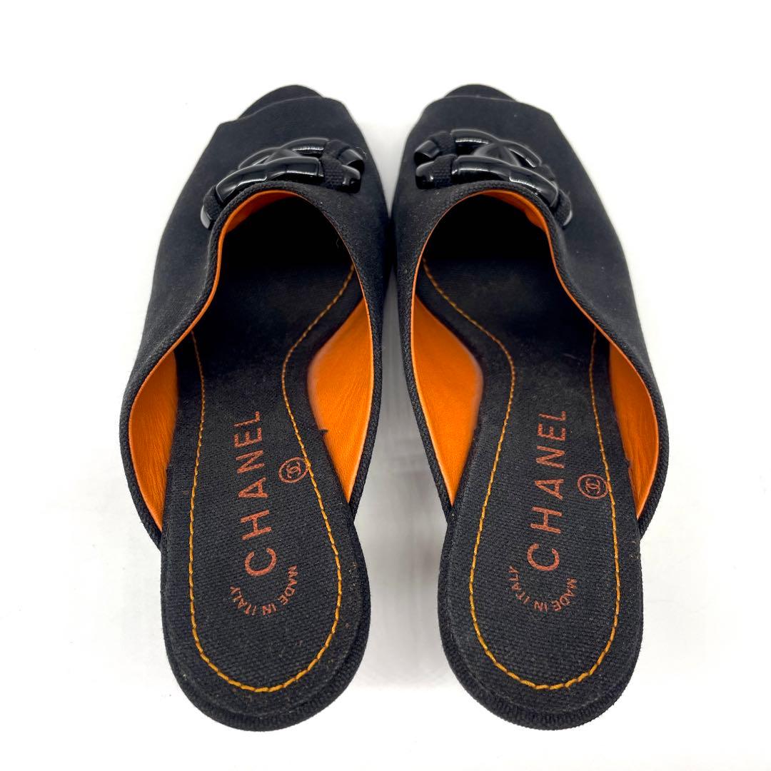 シャネル サンダル ミュール ココマーク キャンバス ブラック オレンジ 24㎝