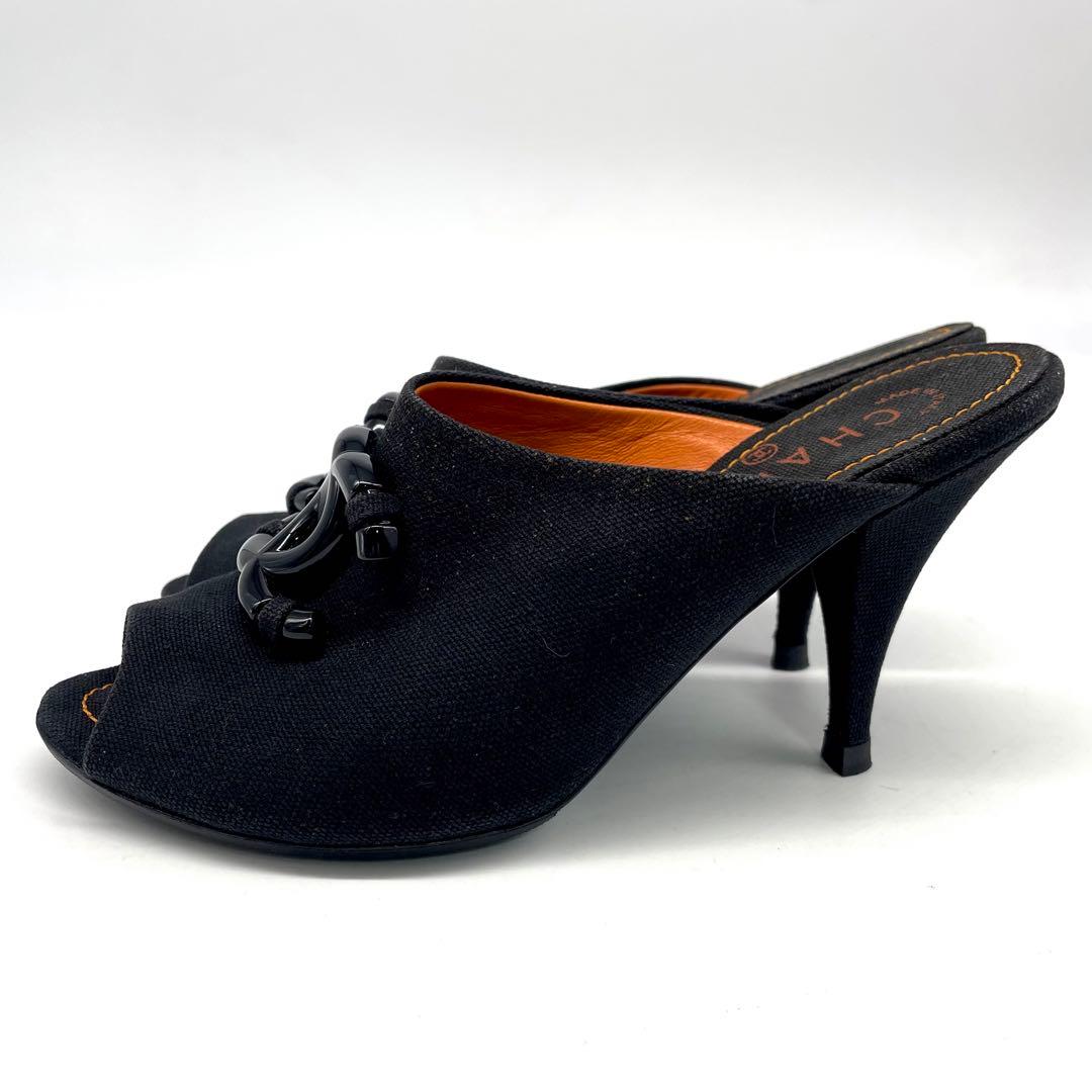 シャネル サンダル ミュール ココマーク キャンバス ブラック オレンジ 24㎝