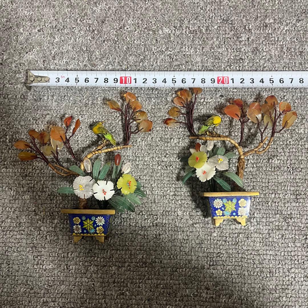 中国美術 古玩 七宝焼　玉石 瑪瑙 翡翠 彫刻 盆栽置物