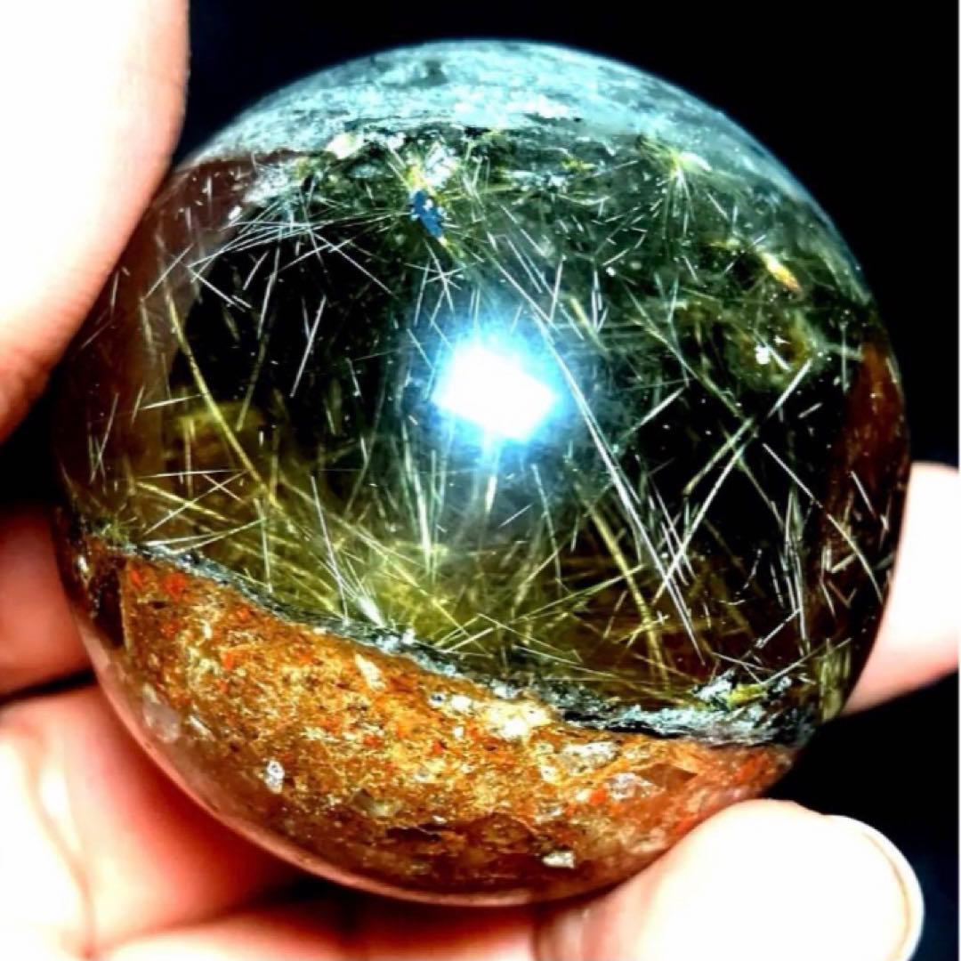 46mm ゴールドルチルクォーツ　丸玉　スフィア　金針水晶