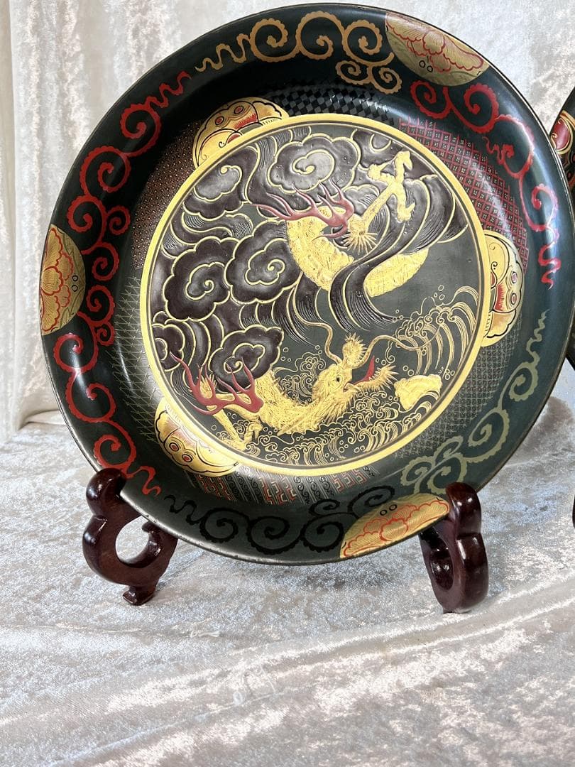 金蒔絵龍虎紋入れ子盆　一対　共箱　幕末～明治期