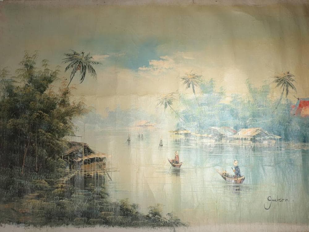 【絵】　★ 油画 東南アジア河岸風景図 ★　作家物　純手描き 真作保証　西洋書画