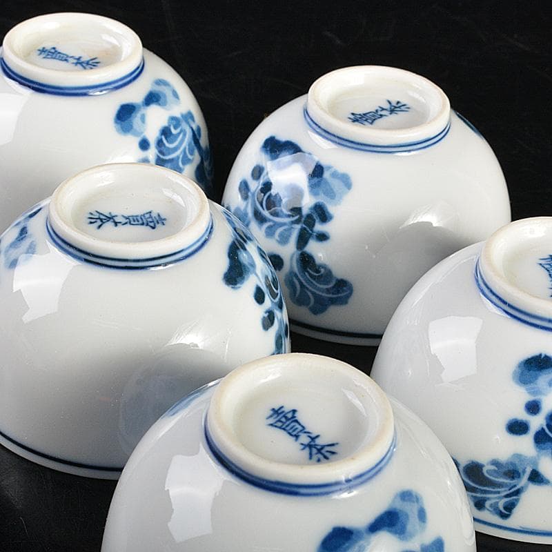 煎茶道具　賣茶好　染付　亥年白菜文　煎茶碗　5客　共箱　V　6194