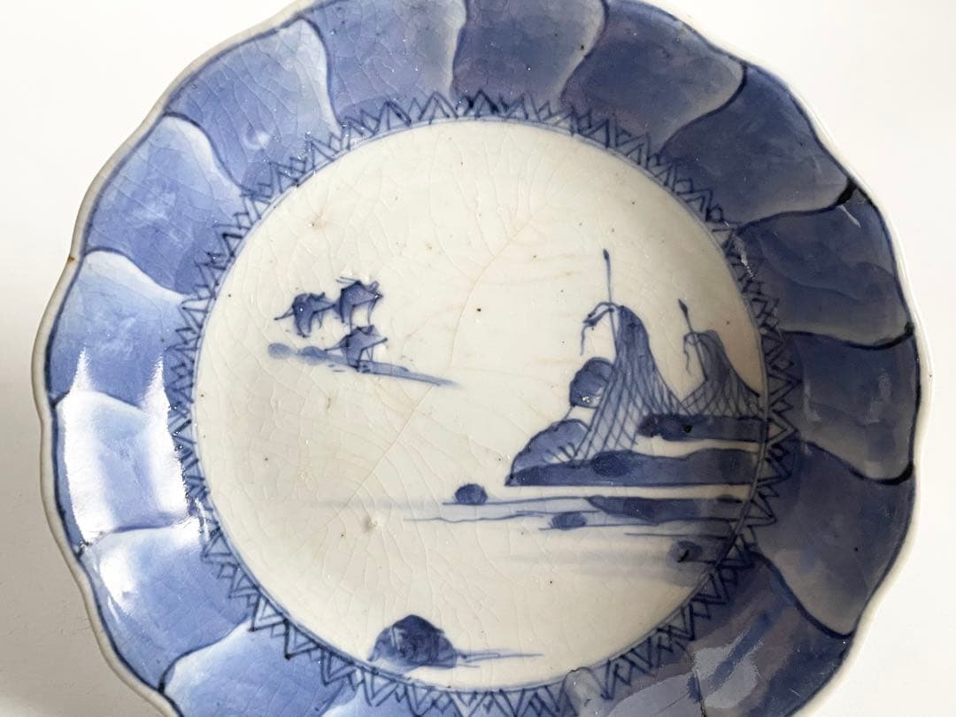 骨董　アンティーク　藍九谷　網干　船文様　輪花皿　小皿　五寸皿　誉印　古伊万里