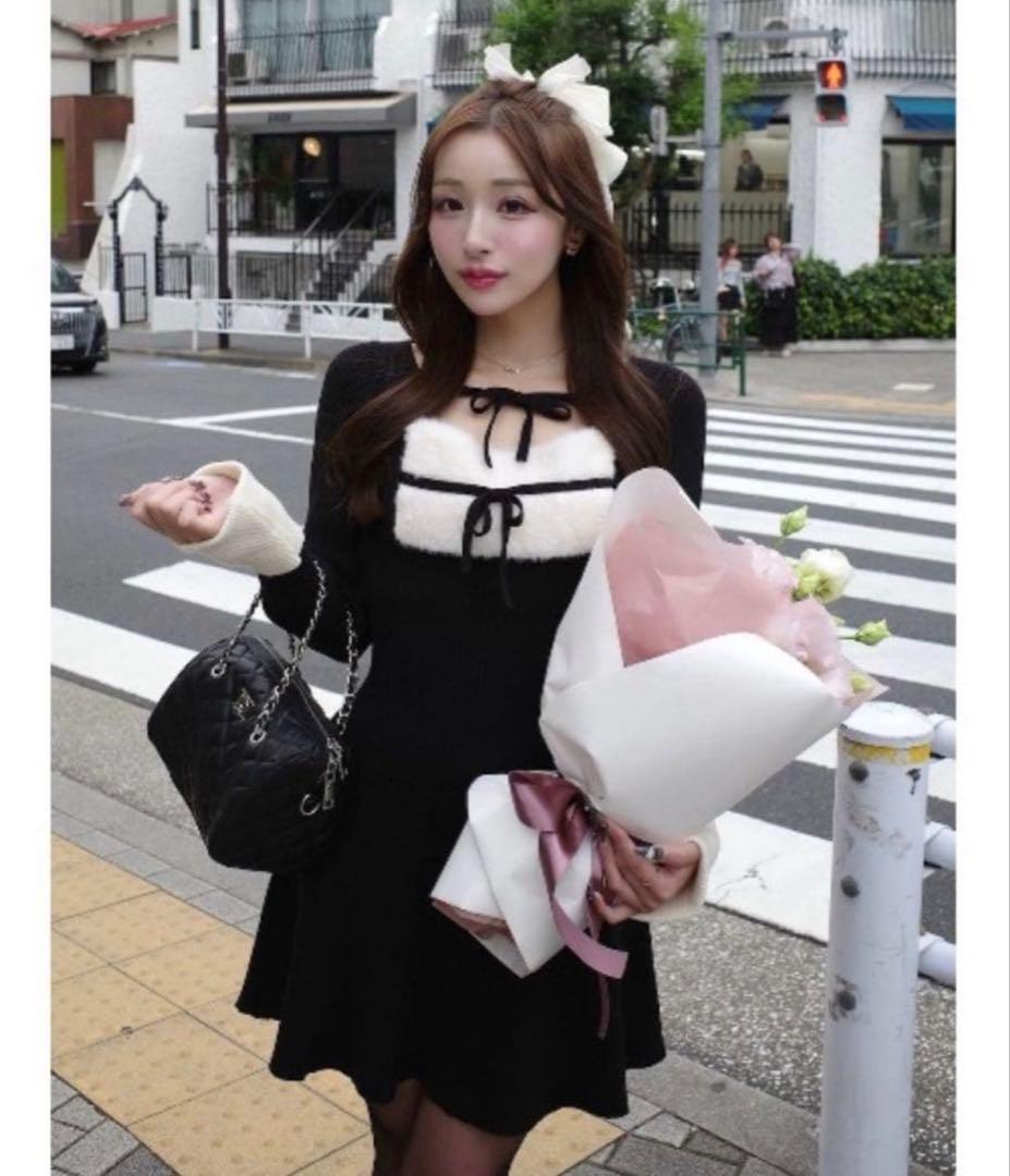 Darich ダーリッチ リボンファーフレアニットミニワンピース BLACK