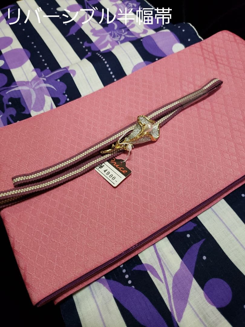 オール新品■変わり織，水玉×百合の花模様大人浴衣，半幅帯，特別帯留め付４点セット