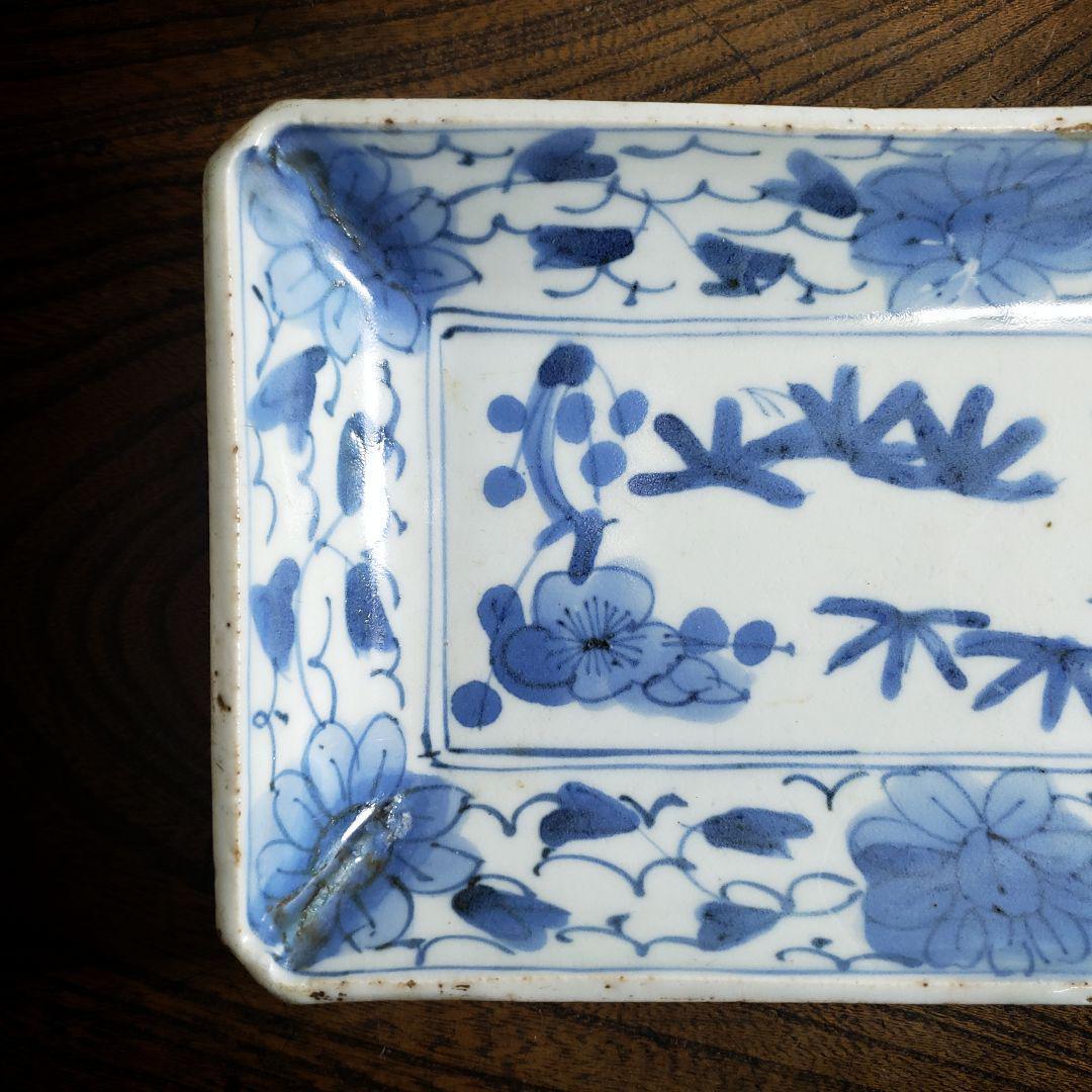 古伊万里 染付松竹梅図長皿 牡丹唐草 花唐草 鮎皿 江戸後期 厚手 訳あり