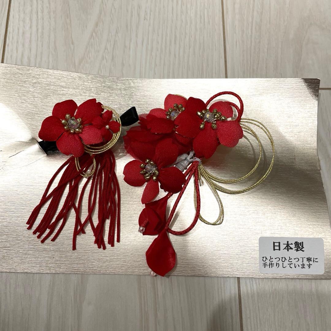 浴衣セット　7点　和モダン赤系　浴衣　帯　下駄　扇子　かごバッグ　巾着　髪飾り