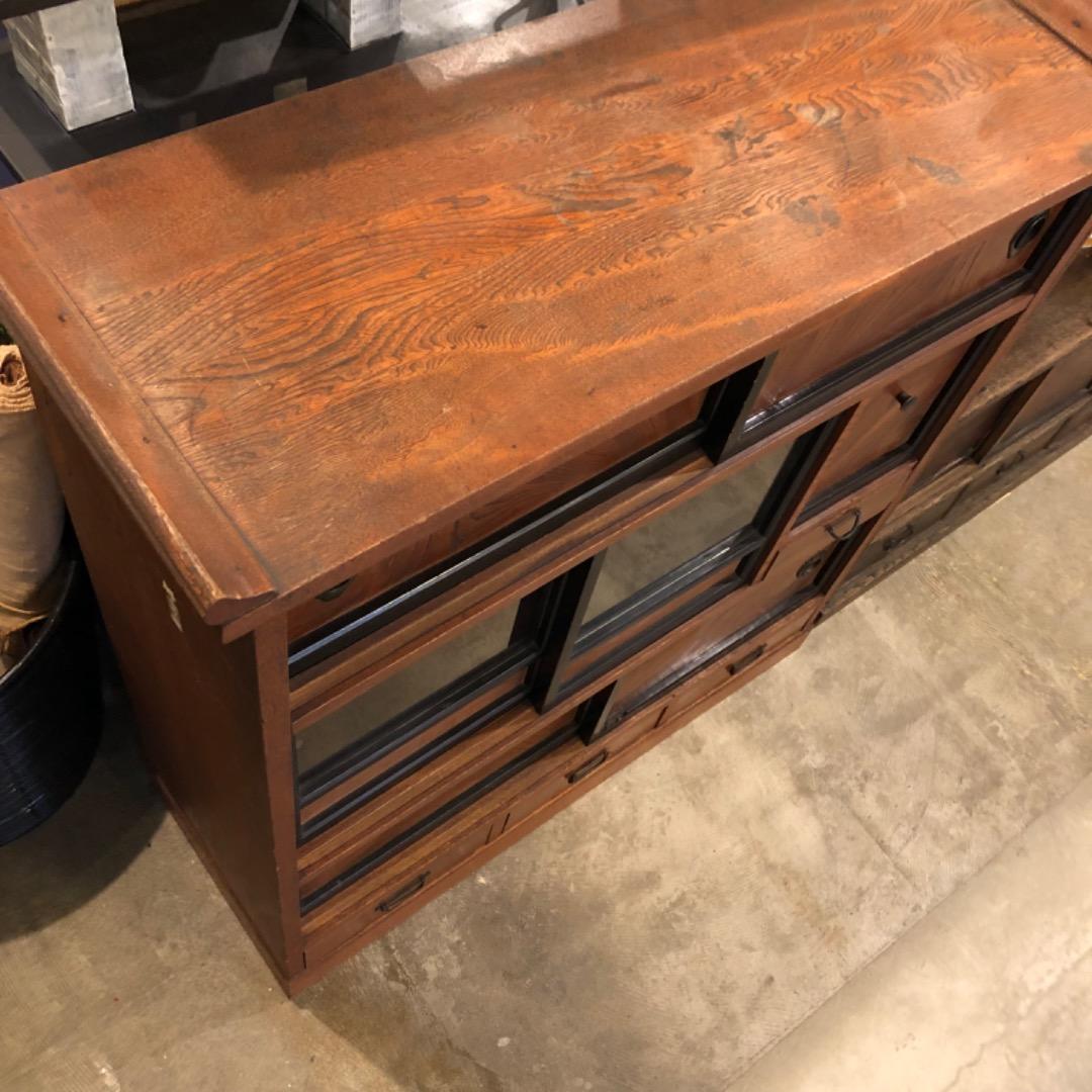 昭和アンティーク　茶棚　飾り棚　木製引き出し　ガラス戸付き　収納棚　茶箪笥　棚