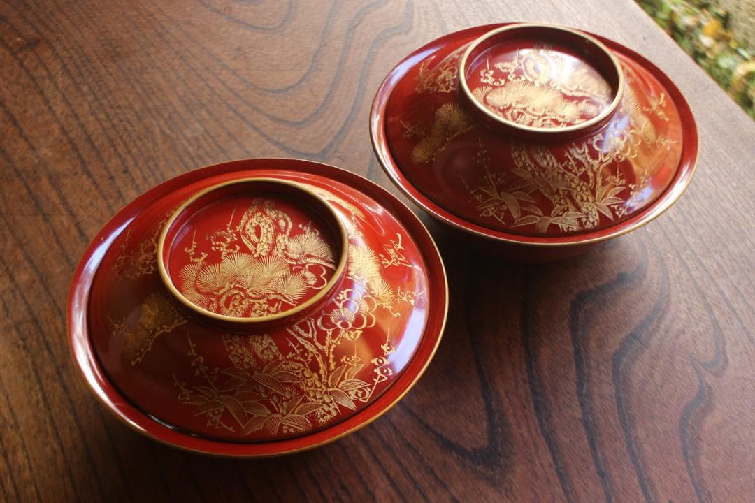 デッドストック！時代金縁朱漆に極上松竹梅沈金の映える大椀2点（検輪島塗雑煮椀