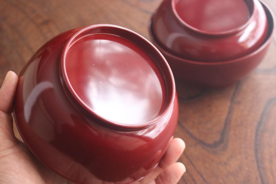デッドストック！極上紅溜に優美な桐花蒔絵の映えるお椀2点（検輪島塗京塗煮物椀