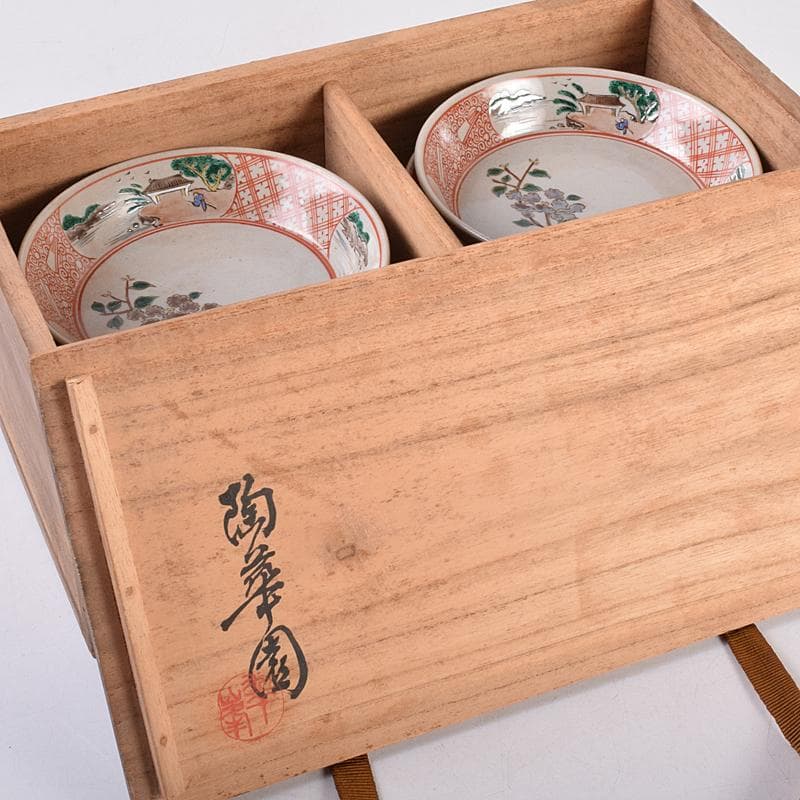 萬古焼　陶華園造　色絵　窓絵　山水人物花文　小皿　十客　共箱　M　R8897