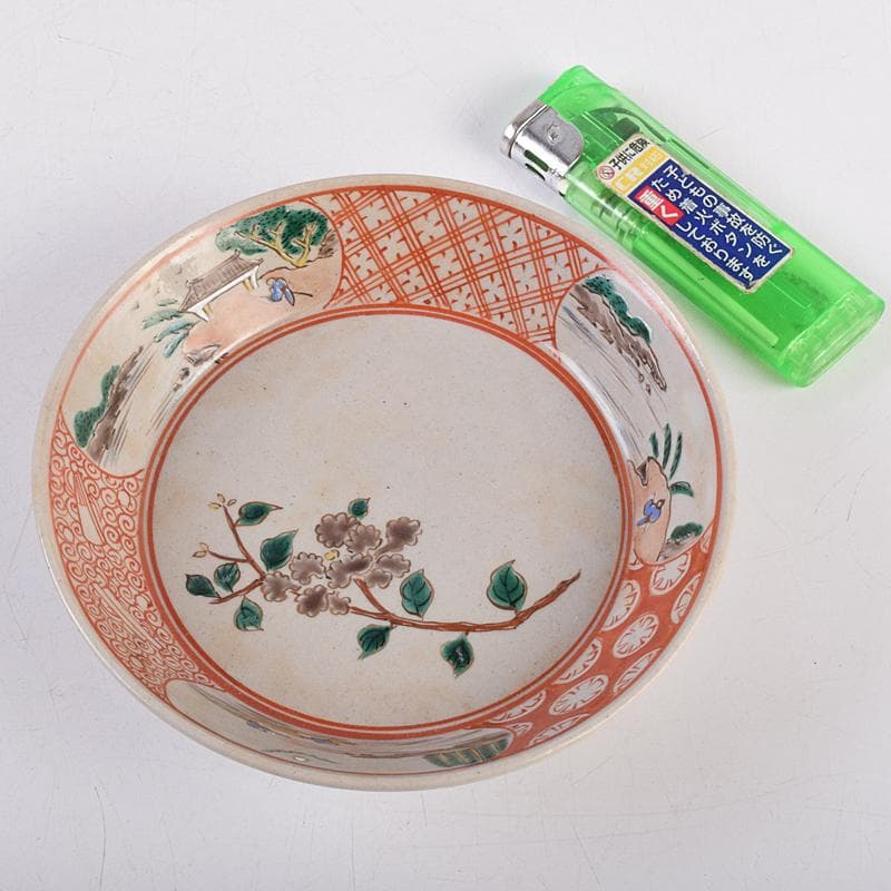 萬古焼　陶華園造　色絵　窓絵　山水人物花文　小皿　十客　共箱　M　R8897