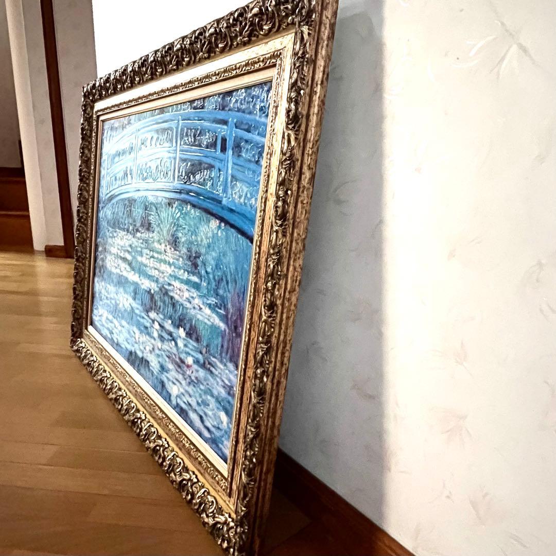 【手描きアクリル画】モネ 睡蓮の池 日本の橋　大型インテリア絵画 額装