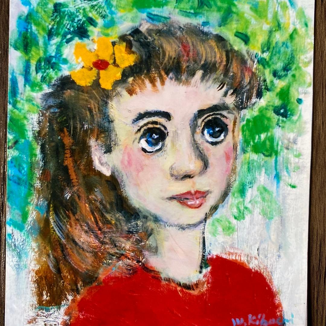 絵画　油絵　油彩画　菊地正則　F3号　「花リボンの少女」原画　美品　額付き