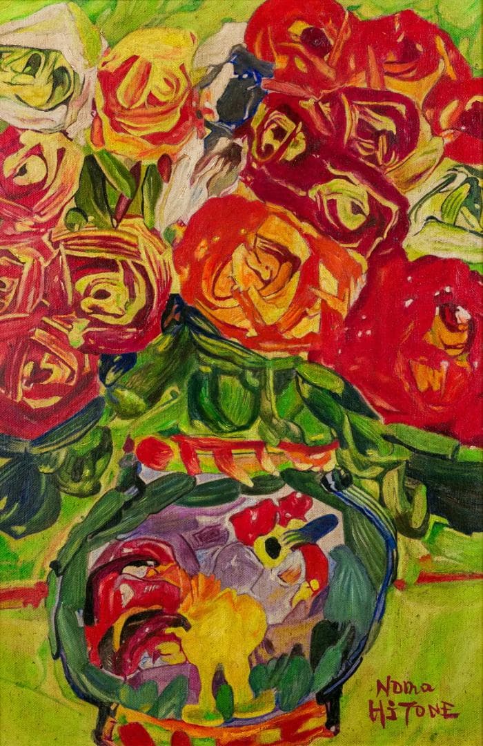 野間仁根　油彩　肉筆『薔薇』表と裏サイン　藤田画廊販売　P6号　額装　b839