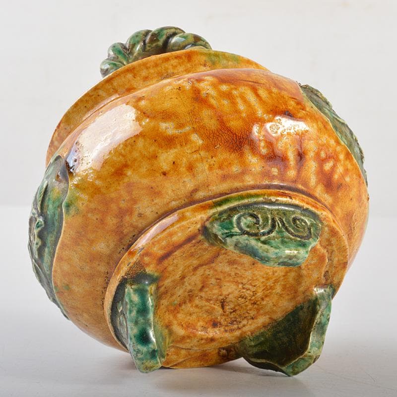 中国　三彩　花文　沖耳爐　三足香炉　時代箱　V　R7159