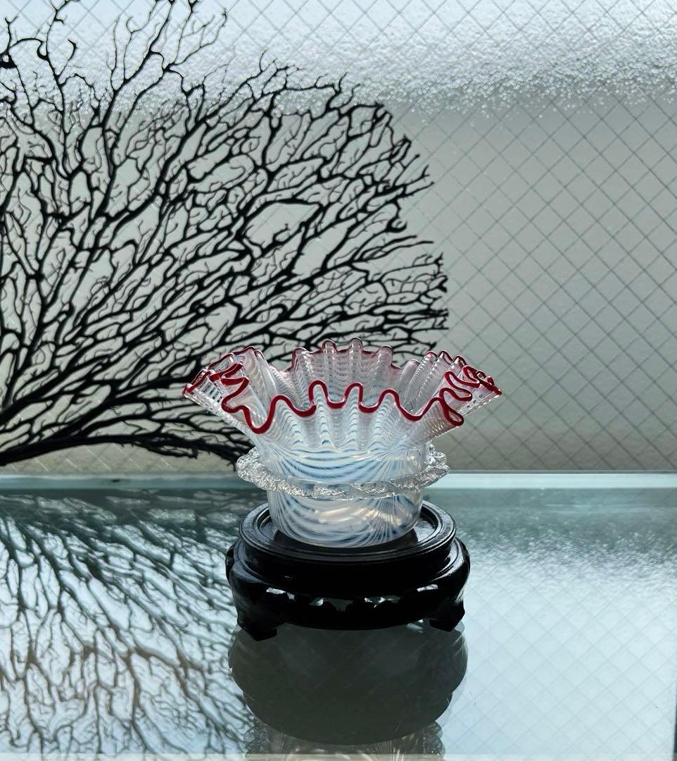 骨董　時代ガラス　超希少　金赤フチ　掻き揚げ模様　菓子器　氷鉢　ウランガラス