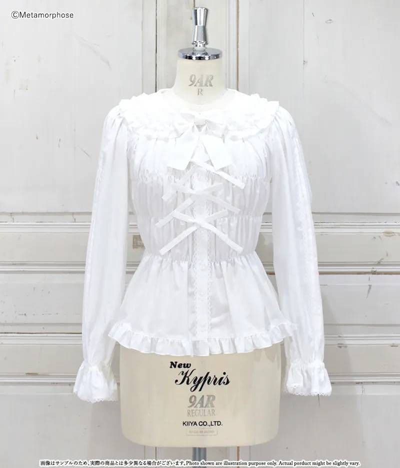 【morphose】丸襟シャーリング長袖ブラウス ロリータ オフ白