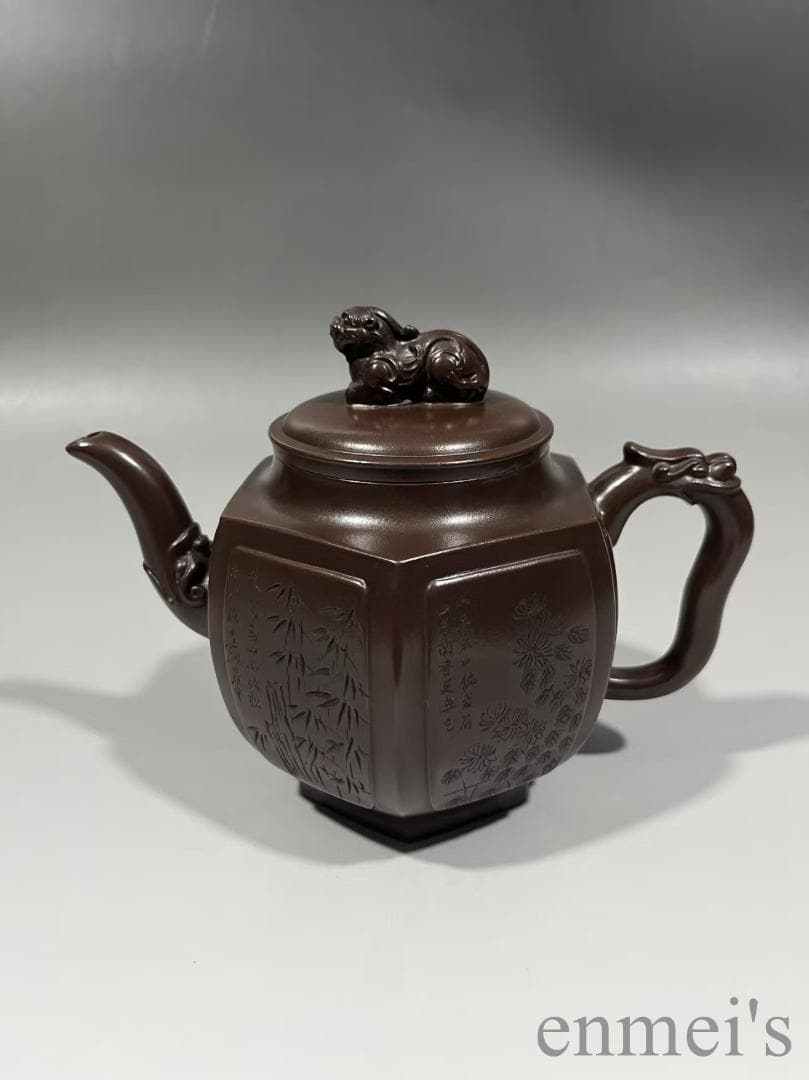 中国古美術 紫砂壺 六方壺 梅蘭竹菊刻紋 底款:徐漢棠 原鉱紫泥 茶壺 煎茶道具