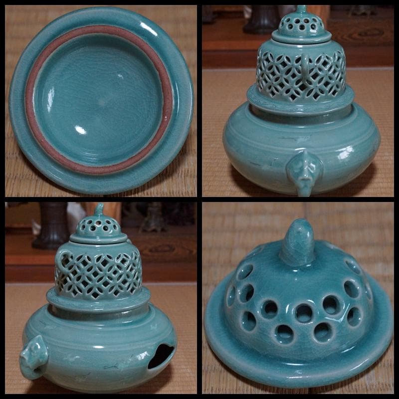 茶道具 銀光造 大型透かし七宝紋茶釜/雲鶴紋象嵌風炉セット 獣双耳 香炉飾り風炉