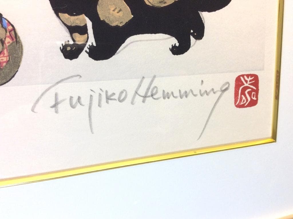美品 フジ子・ヘミング 「猫十態 ダンゴ君」直筆サイン・限定50/200 木版画