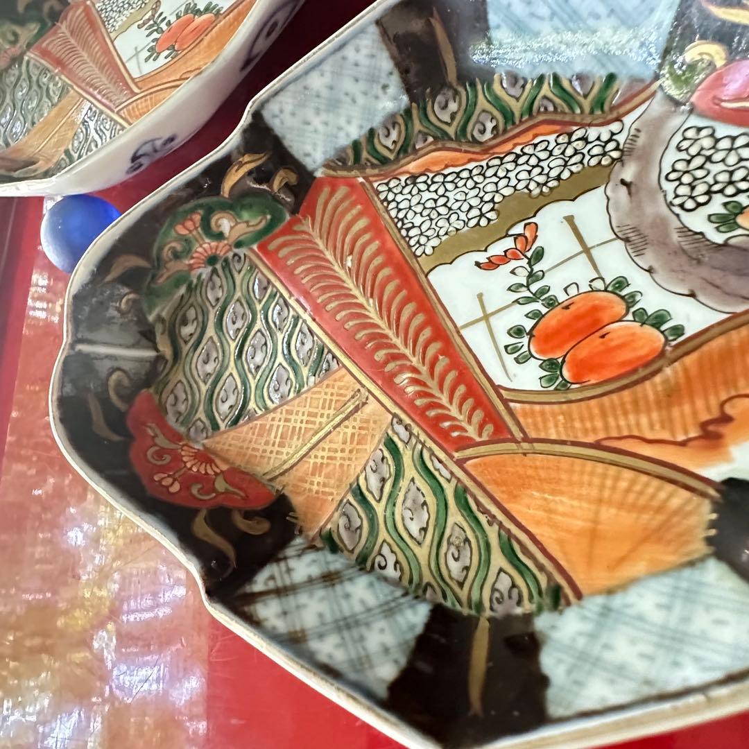S様へ感謝お嫁入り‼️四季に麗し‼️伊万里錦手若松＆橙＆ふきよせ　兜菱形刺身皿 5客